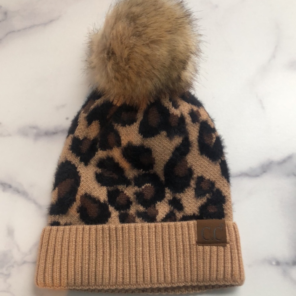 C.C Exclusives Soft Beanie Hat with Leopard Print Pattern and Faux Fur Pom